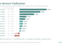 Grafico a barre: contributo delle dodici divisioni di spesa all'inflazione italiana del 2025; gli alimentari valgono +0,54 punti, le comunicazioni −0,10