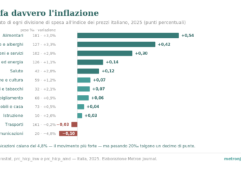 Grafico a barre: contributo delle dodici divisioni di spesa all'inflazione italiana del 2025; gli alimentari valgono +0,54 punti, le comunicazioni −0,10