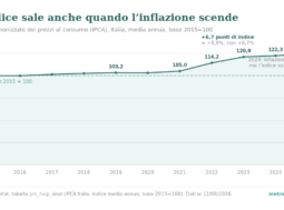 Grafico a linea: indice IPCA dei prezzi al consumo per l'Italia dal 2015 al 2025, base 2015=100, da 100,0 a 124,3; annotazioni sul salto 2022-2023 (+6,7 punti = +5,9%) e sul 2024 (inflazione +1,1% ma indice ancora in salita).