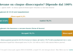 Occupati, disoccupati, inattivi: chi conta come cosa (e perché «un'ora di lavoro» basta per essere occupati) 3 Due barre orizzontali sui 15-24enni, agosto 2026. In alto, su 100 giovani: occupati 17,0%, disoccupati 4,3%, inattivi 78,7%. In basso, su 100 giovani nelle forze di lavoro: occupati 79,7%, disoccupati 20,3%.