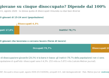 Due barre orizzontali sui 15-24enni, agosto 2026. In alto, su 100 giovani: occupati 17,0%, disoccupati 4,3%, inattivi 78,7%. In basso, su 100 giovani nelle forze di lavoro: occupati 79,7%, disoccupati 20,3%.