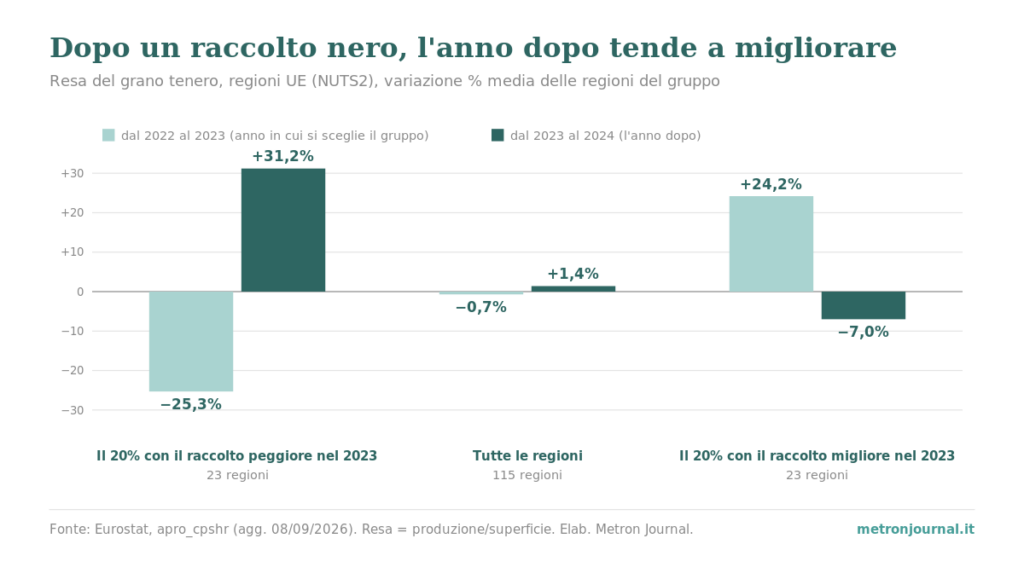 Regressione verso la media: perché dopo un anno nero «migliora tutto da solo» 1 Grafico a barre: variazione media della resa del grano tenero nelle regioni UE. Il 20% con il raccolto peggiore nel 2023: −25,3% dal 2022 al 2023, +31,2% dal 2023 al 2024. Tutte le regioni: −0,7% e +1,4%. Il 20% con il raccolto migliore nel 2023: +24,2% e −7,0%.
