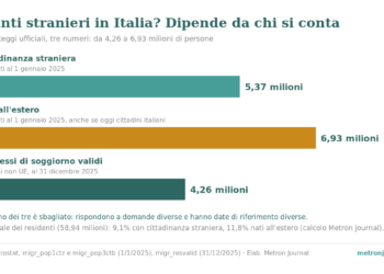 Tre barre orizzontali sugli stranieri in Italia. Cittadinanza straniera, 1 gennaio 2025: 5,37 milioni. Nati all'estero, 1 gennaio 2025: 6,93 milioni. Permessi di soggiorno validi di cittadini non UE, 31 dicembre 2025: 4,26 milioni.